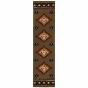 Photo of Green Southwestern Power Loom Stain Resistant Runner Rug