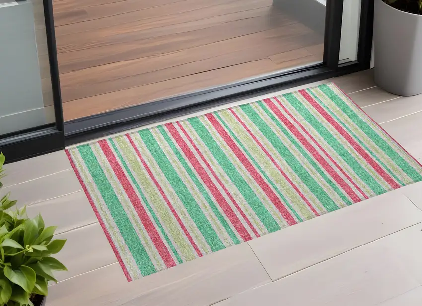 Green Striped Washable Non Skid Indoor Outdoor Area Rug Photo 1