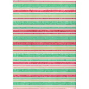 Photo of Green Striped Washable Non Skid Indoor Outdoor Area Rug