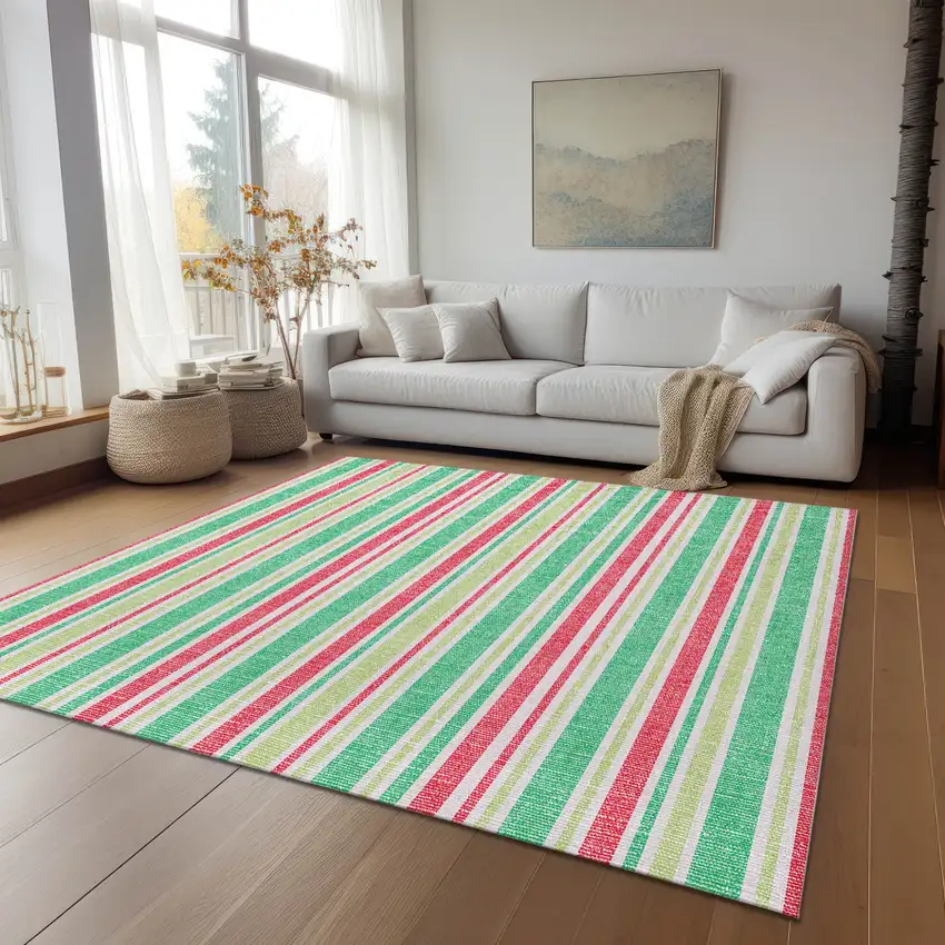 Green Striped Washable Non Skid Indoor Outdoor Area Rug Photo 9