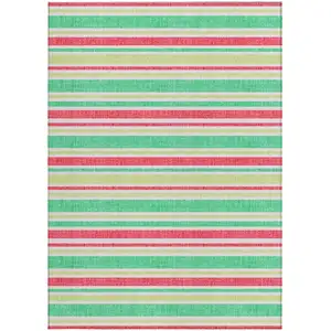Photo of Green Striped Washable Non Skid Indoor Outdoor Area Rug