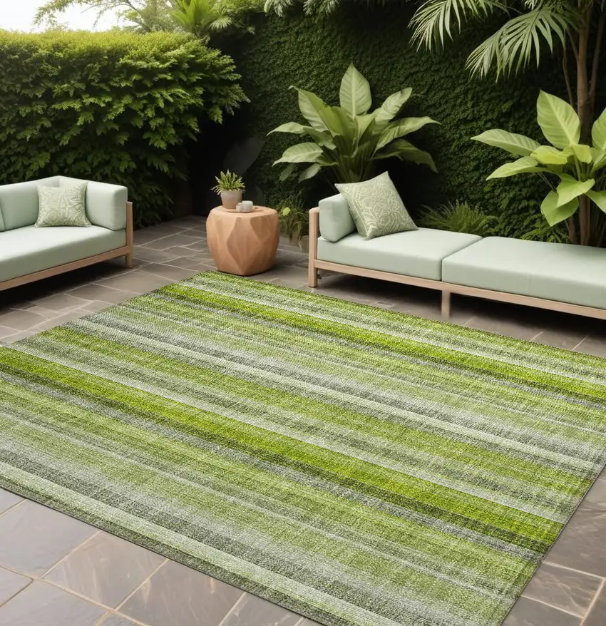 Green Striped Washable Non Skid Indoor Outdoor Area Rug Photo 1