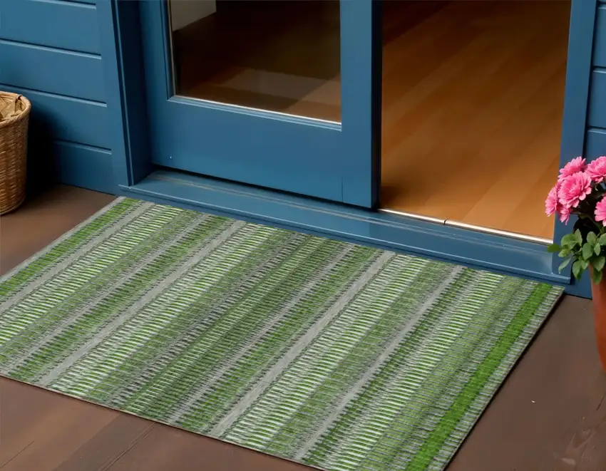 Green Striped Washable Non Skid Indoor Outdoor Area Rug Photo 1