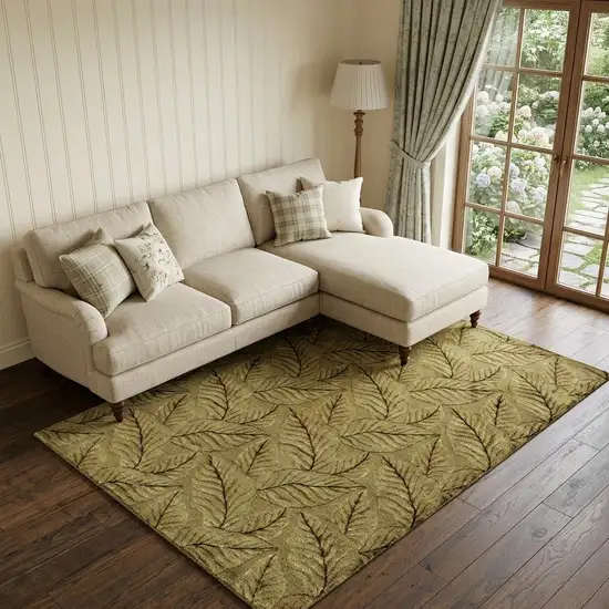 Green Tan And Black Floral Hand Knotted Area Rug Photo 1