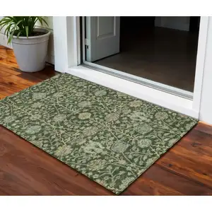 Photo of Green Tan And Gray Floral Washable Indoor Outdoor Area Rug
