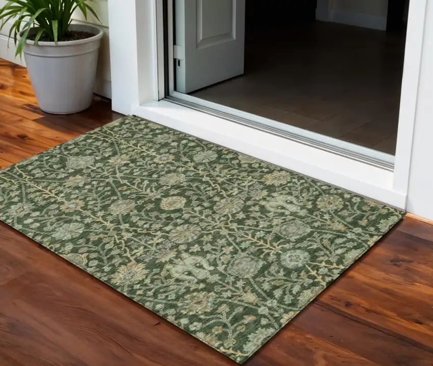 Green Tan And Gray Floral Washable Indoor Outdoor Area Rug Photo 1