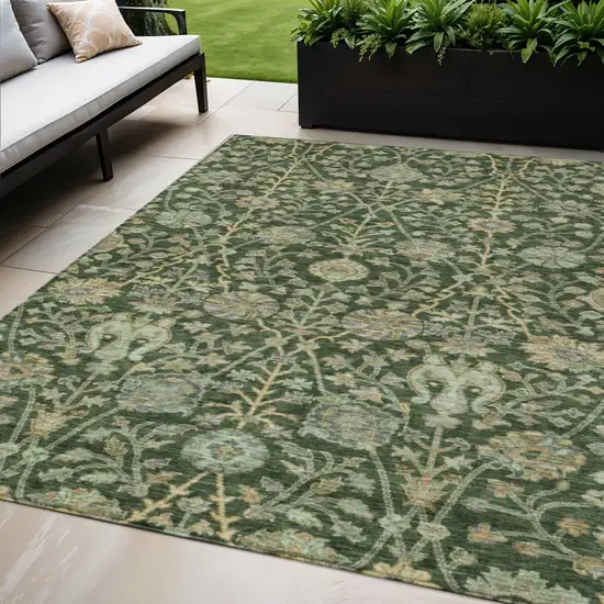 Green Tan And Gray Floral Washable Indoor Outdoor Area Rug Photo 1