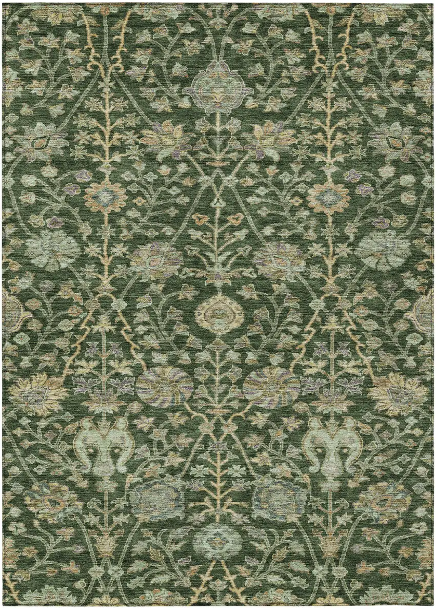 Green Tan And Gray Floral Washable Indoor Outdoor Area Rug Photo 2