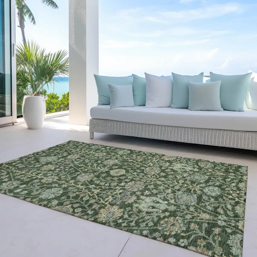 Green Tan And Gray Floral Washable Indoor Outdoor Area Rug Photo 8