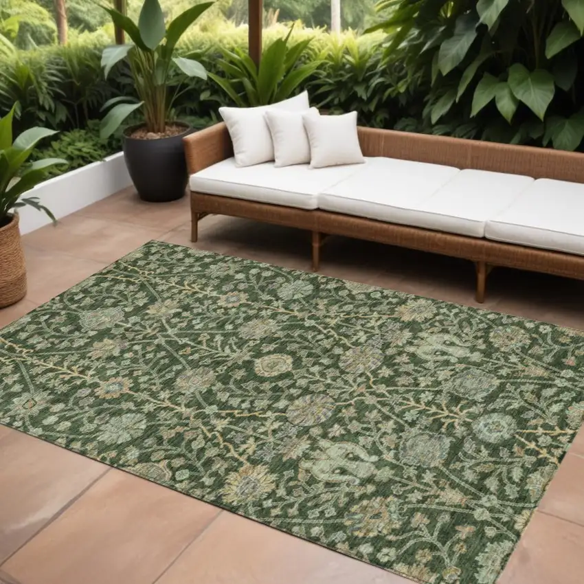 Green Tan And Gray Floral Washable Indoor Outdoor Area Rug Photo 1