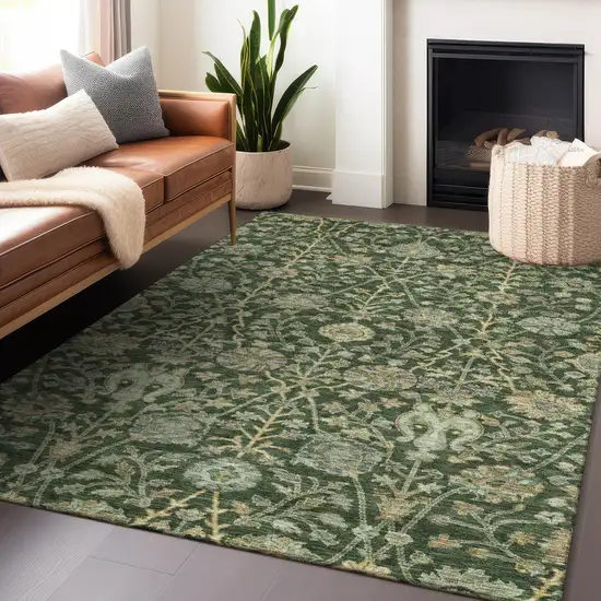 Green Tan And Gray Floral Washable Indoor Outdoor Area Rug Photo 9