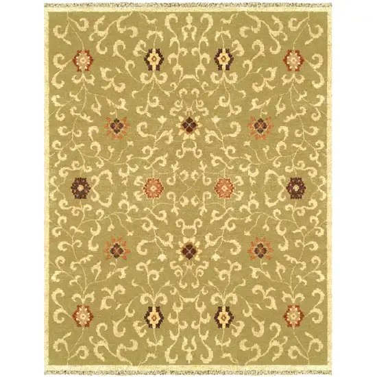Green Tan And Ivory Wool Floral Hand Knotted Area Rug With Fringe Photo 2