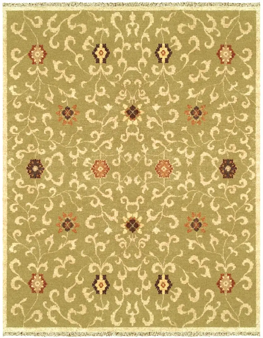 Green Tan And Ivory Wool Floral Hand Knotted Area Rug With Fringe Photo 2