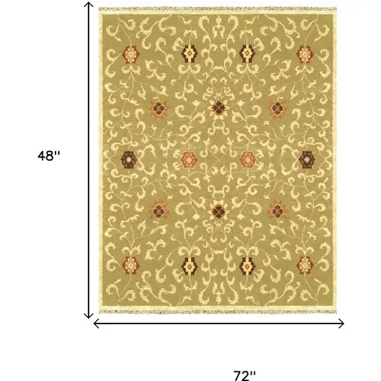 Green Tan And Ivory Wool Floral Hand Knotted Area Rug With Fringe Photo 5