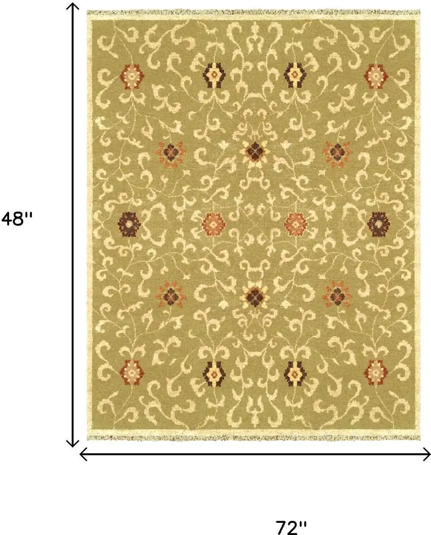 Green Tan And Ivory Wool Floral Hand Knotted Area Rug With Fringe Photo 5