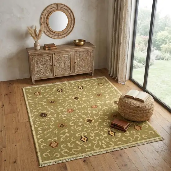 Green Tan And Ivory Wool Floral Hand Knotted Area Rug With Fringe Photo 1
