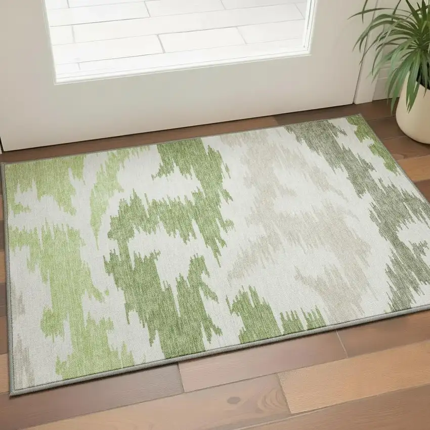 Green Taupe And Beige Abstract Washable Area Rug With UV Protection Photo 2