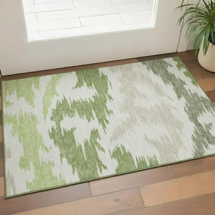 Green Taupe And Beige Abstract Washable Area Rug With UV Protection Photo 1