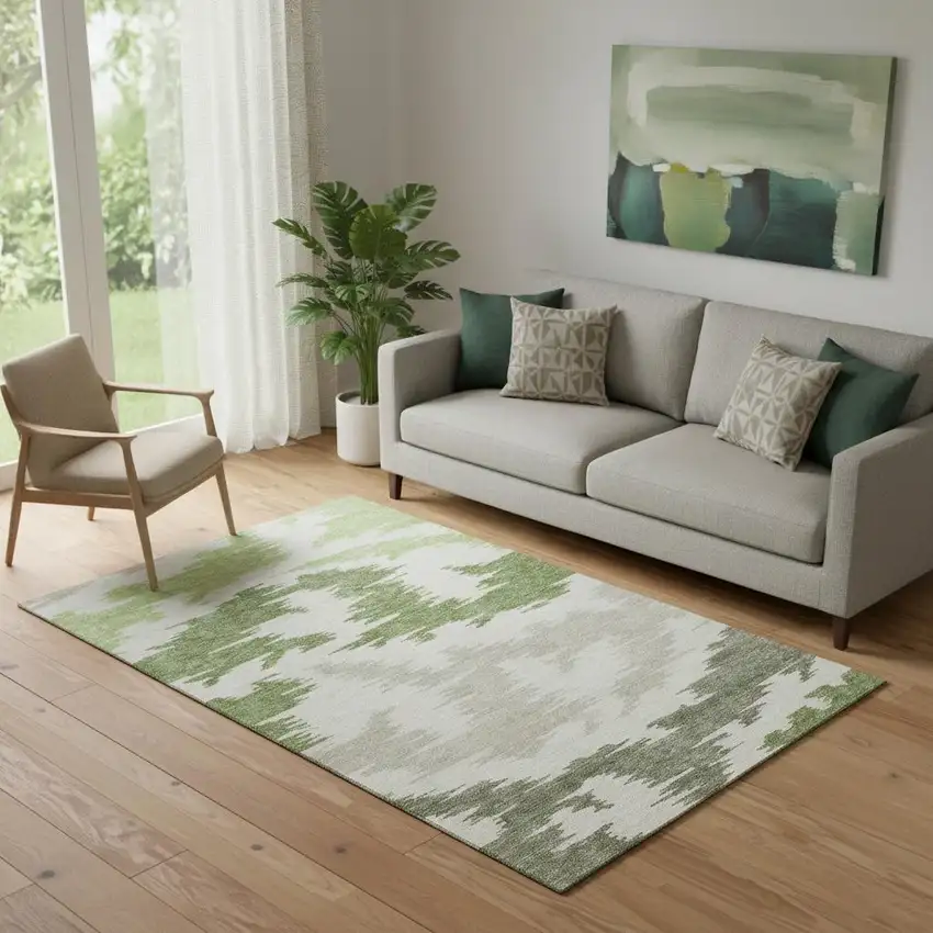 Green Taupe And Beige Abstract Washable Area Rug With UV Protection Photo 1