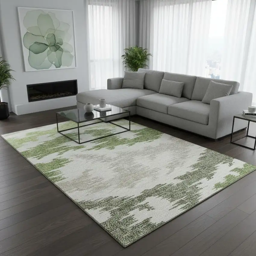 Green Taupe And Beige Abstract Washable Area Rug With UV Protection Photo 2