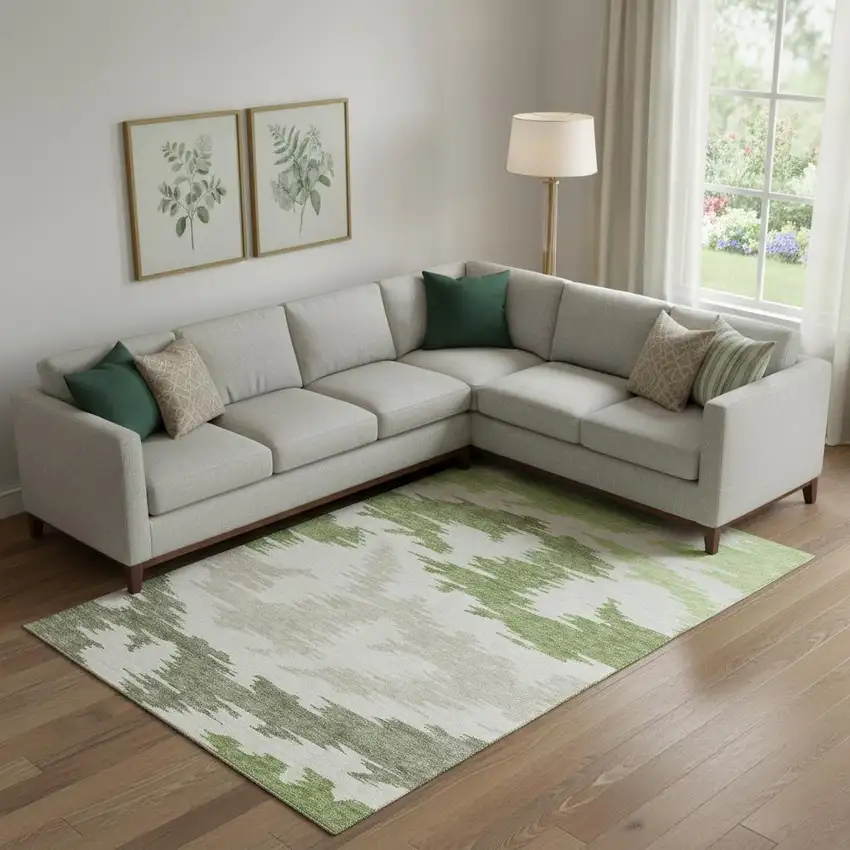 Green Taupe And Beige Abstract Washable Area Rug With UV Protection Photo 1