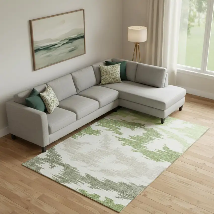 Green Taupe And Beige Abstract Washable Area Rug With UV Protection Photo 3