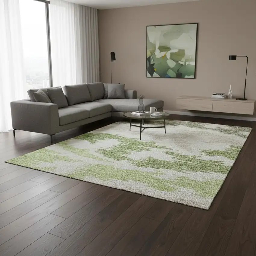 Green Taupe And Beige Abstract Washable Area Rug With UV Protection Photo 2
