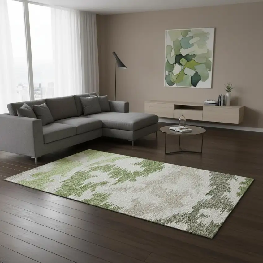 Green Taupe And Beige Abstract Washable Area Rug With UV Protection Photo 2