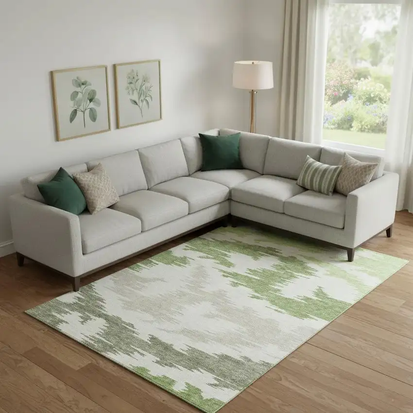 Green Taupe And Beige Abstract Washable Area Rug With UV Protection Photo 1