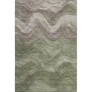 Photo of Green Taupe And Beige Abstract Washable Area Rug With UV Protection