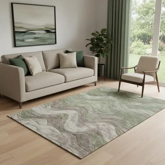 Green Taupe And Beige Abstract Washable Area Rug With UV Protection Photo 2