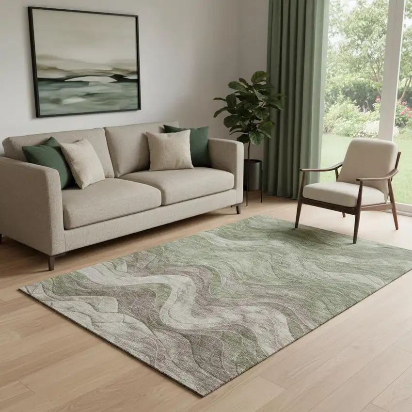 Green Taupe And Beige Abstract Washable Area Rug With UV Protection Photo 2