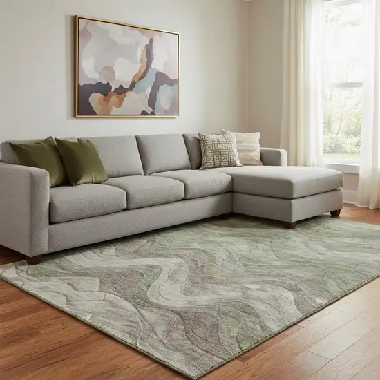 Green Taupe And Beige Abstract Washable Area Rug With UV Protection Photo 2