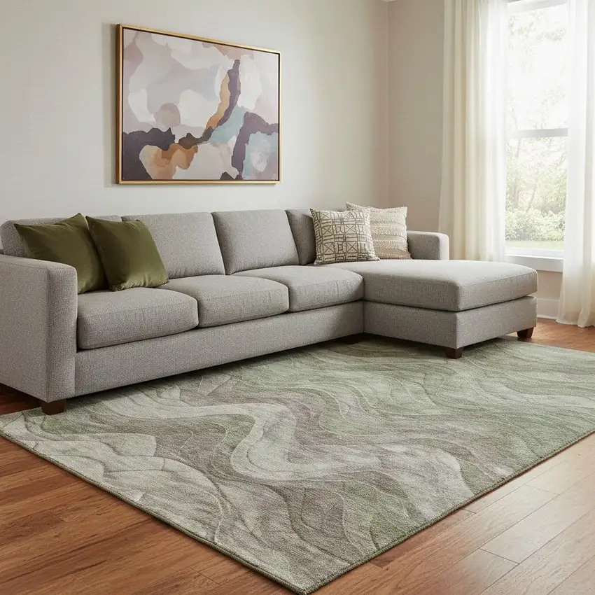 Green Taupe And Beige Abstract Washable Area Rug With UV Protection Photo 2