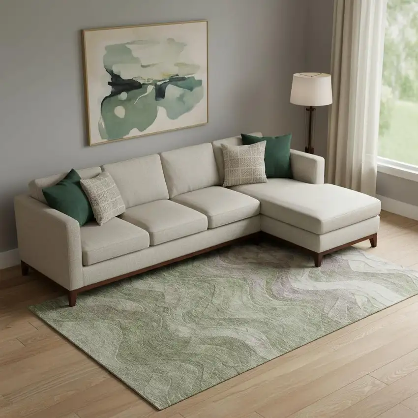 Green Taupe And Beige Abstract Washable Area Rug With UV Protection Photo 2