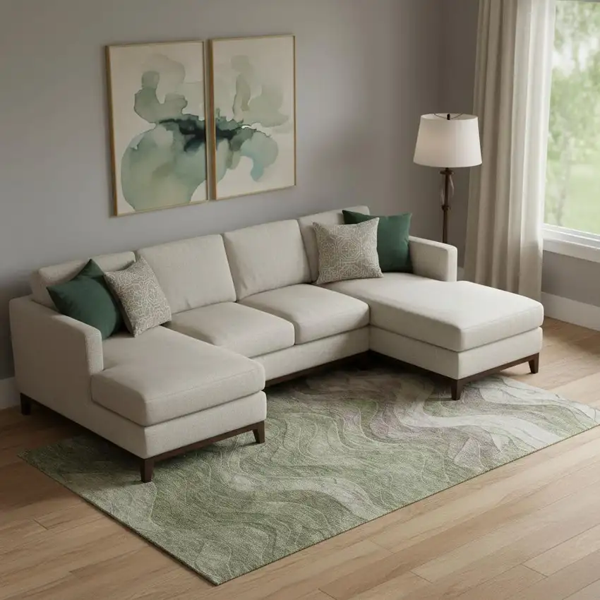 Green Taupe And Beige Abstract Washable Area Rug With UV Protection Photo 2