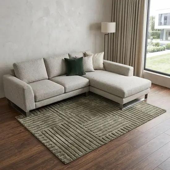 Green Taupe And Blue Wool Geometric Hand Knotted Area Rug Photo 1