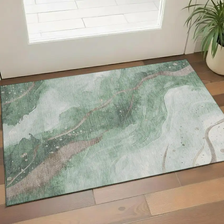 Green Taupe And Ivory Abstract Washable Area Rug With UV Protection Photo 2