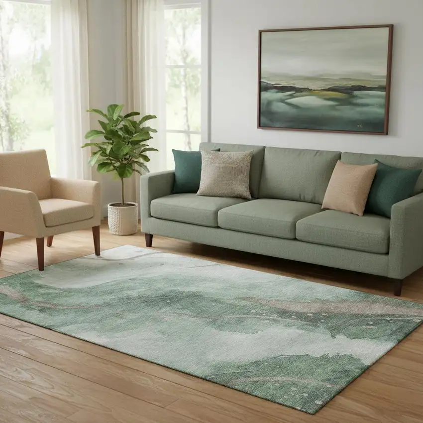Green Taupe And Ivory Abstract Washable Area Rug With UV Protection Photo 2