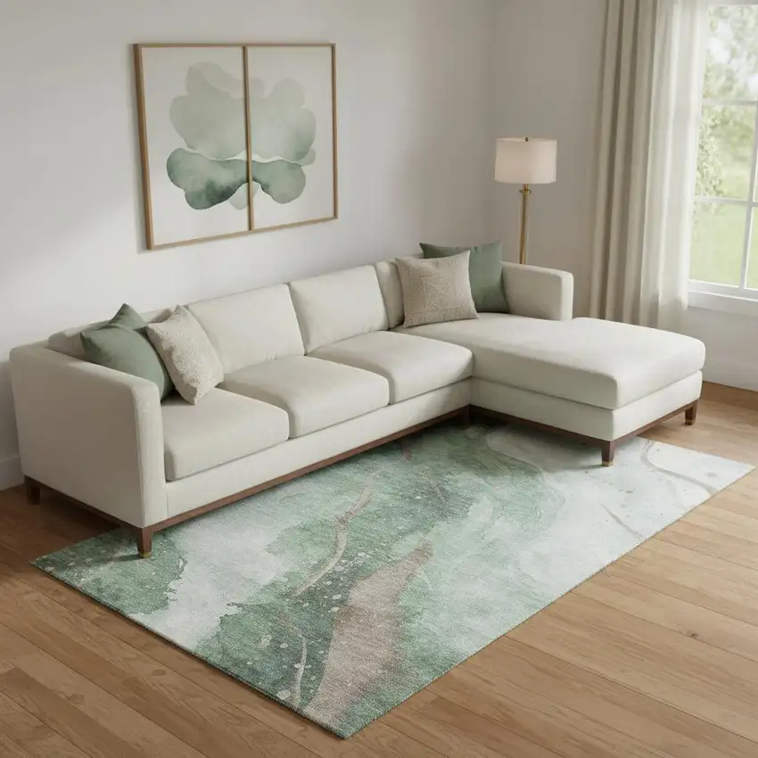 Green Taupe And Ivory Abstract Washable Area Rug With UV Protection Photo 2