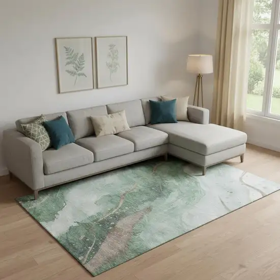 Green Taupe And Ivory Abstract Washable Area Rug With UV Protection Photo 2