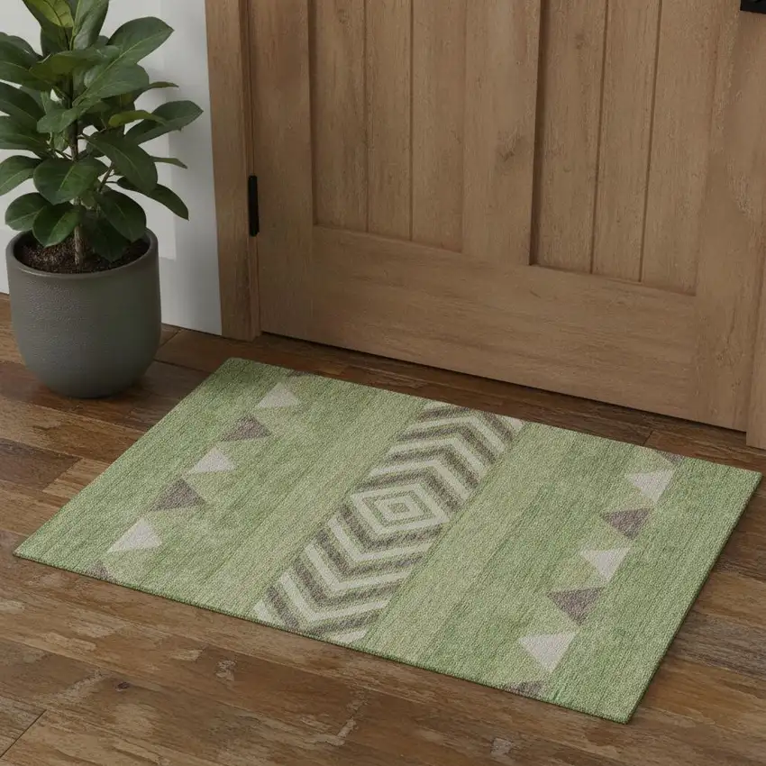 Green Taupe And Ivory Southwestern Washable Area Rug With UV Protection Photo 1