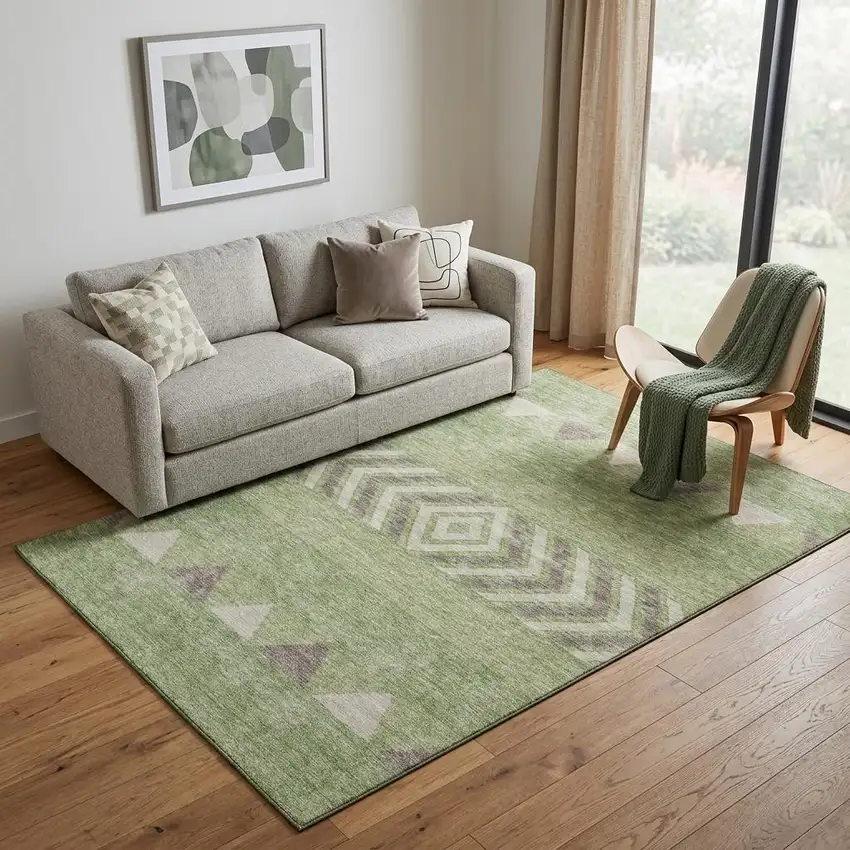 Green Taupe And Ivory Southwestern Washable Area Rug With UV Protection Photo 1