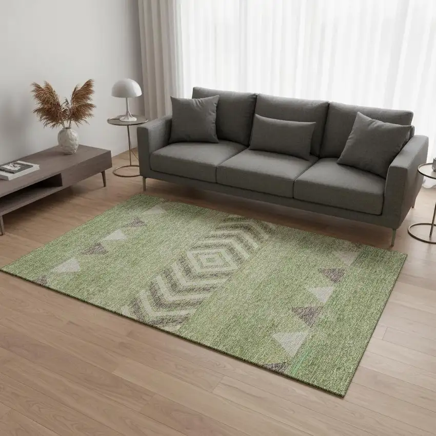 Green Taupe And Ivory Southwestern Washable Area Rug With UV Protection Photo 2