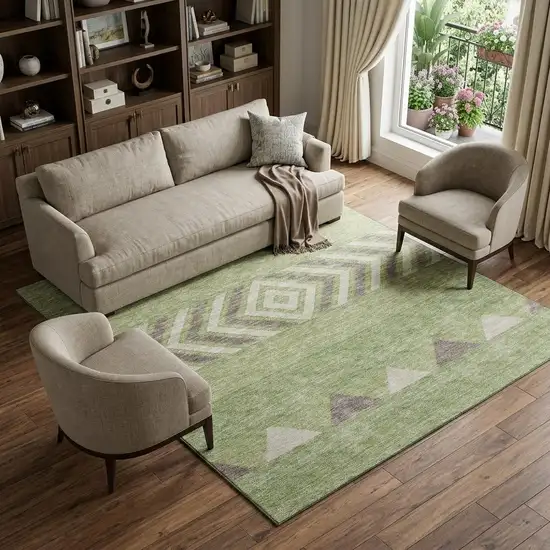 Green Taupe And Ivory Southwestern Washable Area Rug With UV Protection Photo 1