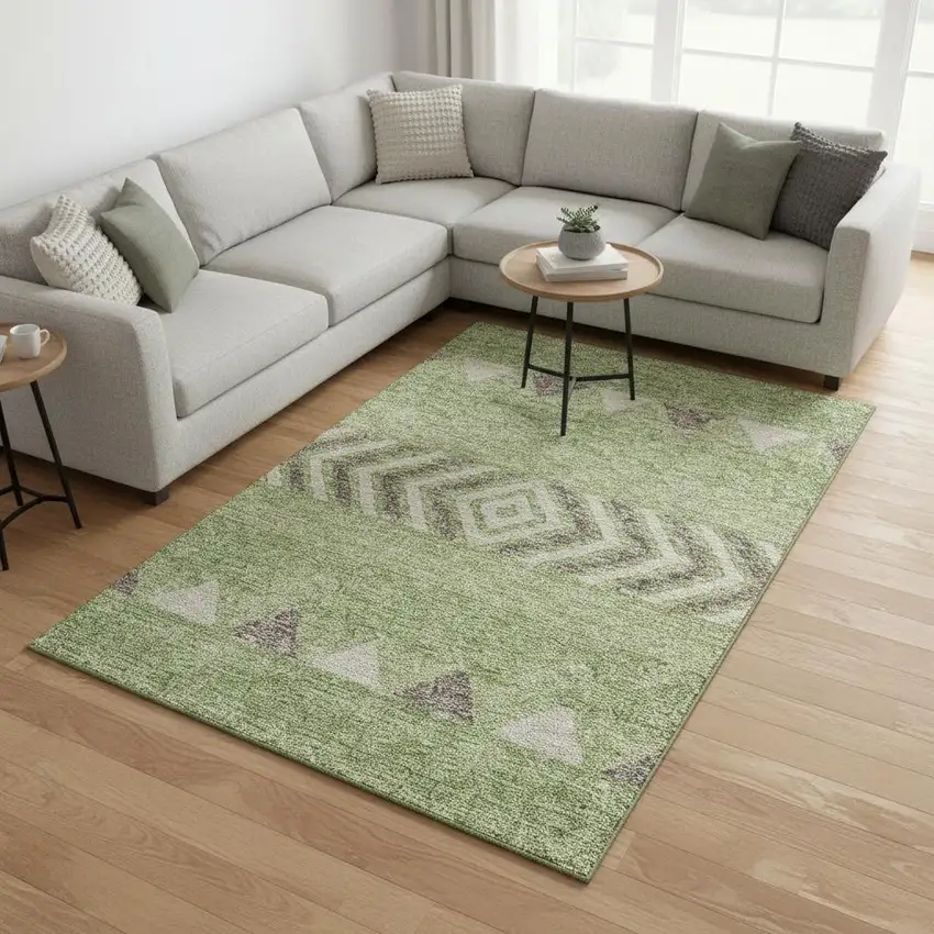 Green Taupe And Ivory Southwestern Washable Area Rug With UV Protection Photo 2