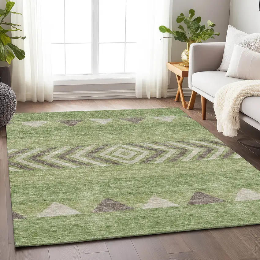 Green Taupe And Ivory Southwestern Washable Area Rug With UV Protection Photo 4