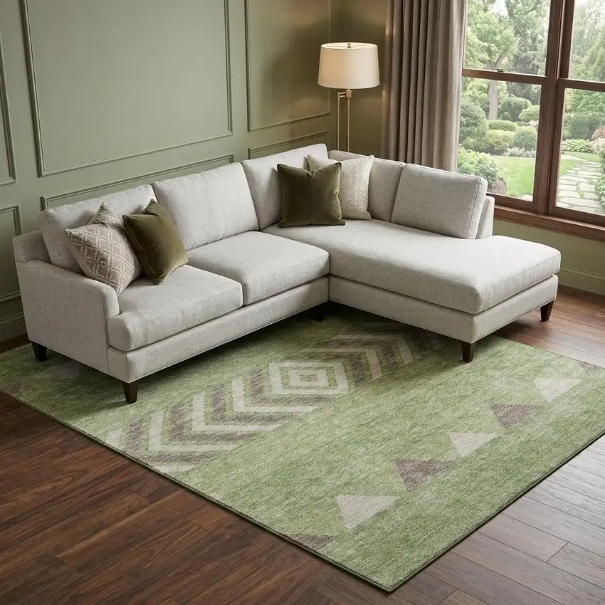 Green Taupe And Ivory Southwestern Washable Area Rug With UV Protection Photo 1