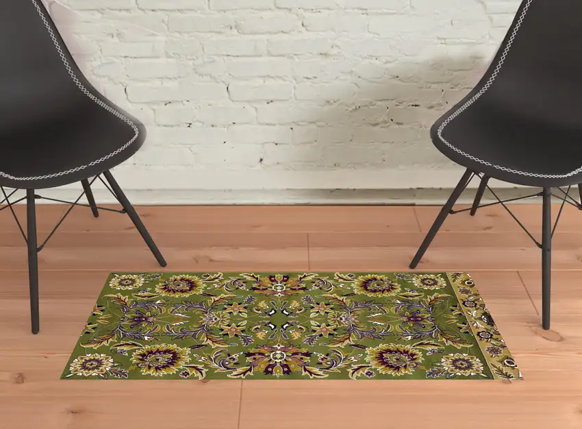 2'X3' Green Taupe Machine Woven Floral Traditional Indoor Accent Rug Photo 2
