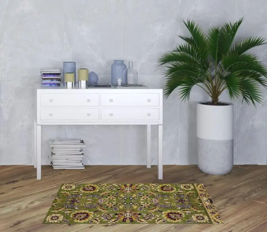 3'X5' Green Taupe Machine Woven Floral Traditional Indoor Area Rug Photo 2